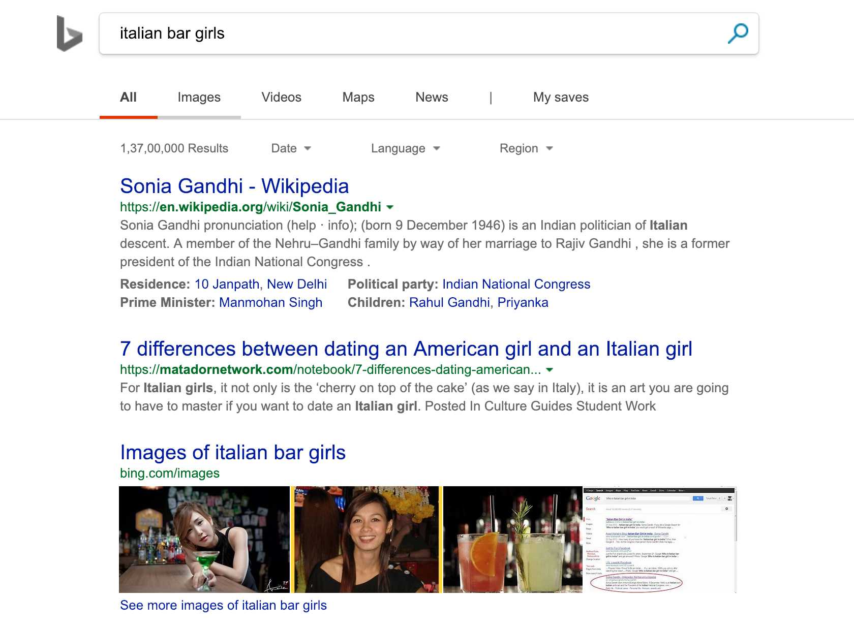 Even Microsoft's Bing throws up Sonia Gandhi's Wikipedia page if you search for 'Italian Bar Girls'